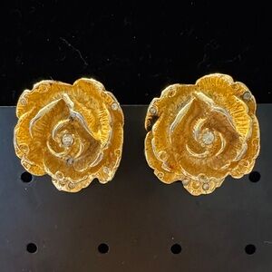 Gold Toned Rose Clip-On Earrings Vintage